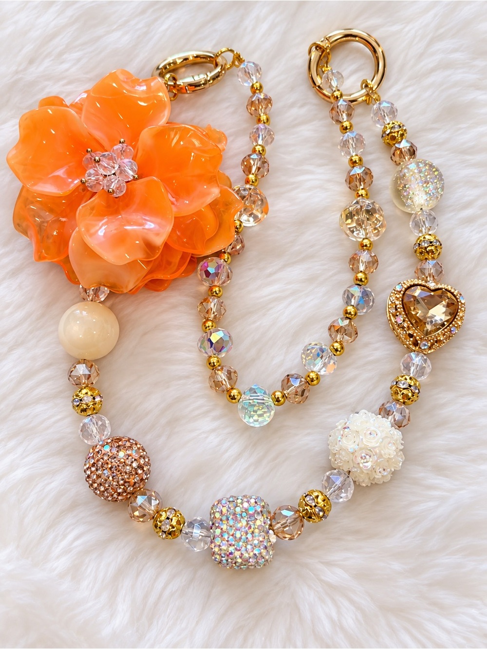 Handcrafted Orange Floral Crystal Statement bag charm Necklace